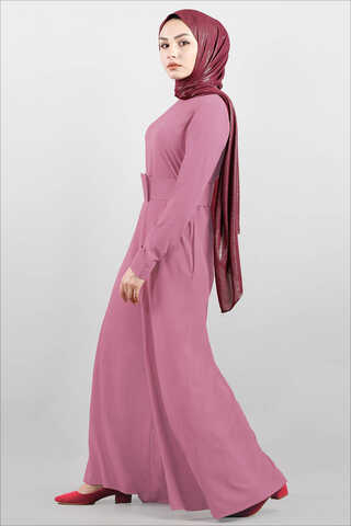 Belted Plain Jumpsuit Dried Rose - 3