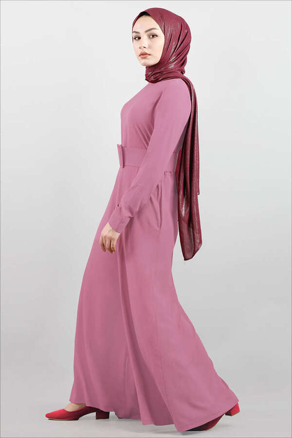 Belted Plain Jumpsuit Dried Rose - 3