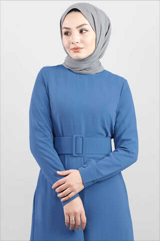 Belted Plain Jumpsuit İndigo - 1