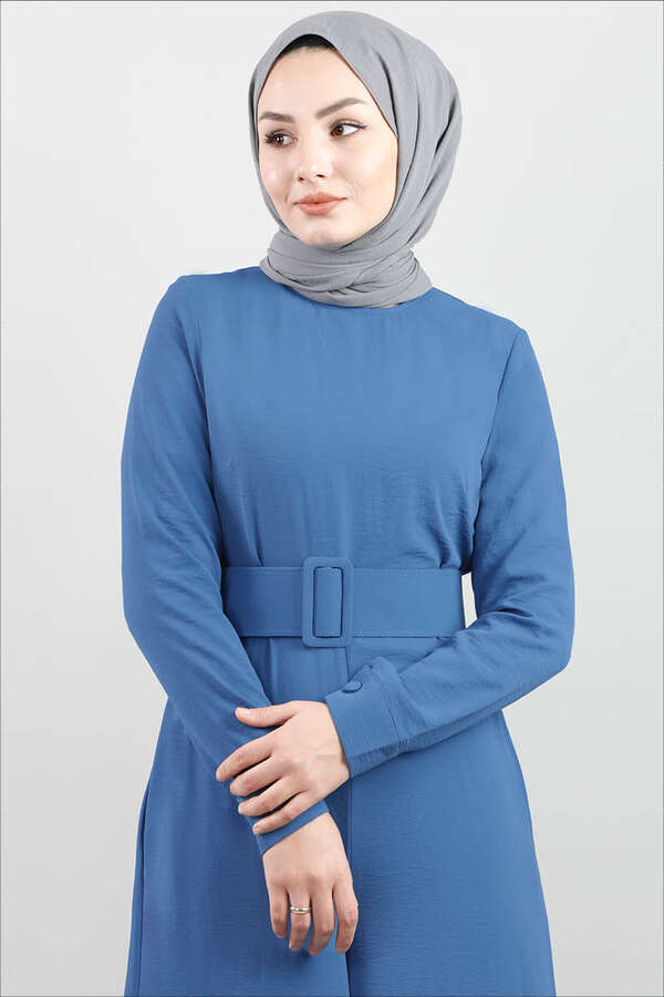 Belted Plain Jumpsuit İndigo - 1