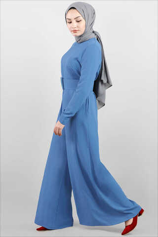 Belted Plain Jumpsuit İndigo - 2
