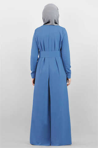 Belted Plain Jumpsuit İndigo - 4
