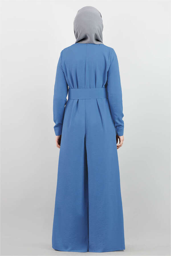 Belted Plain Jumpsuit İndigo - 4