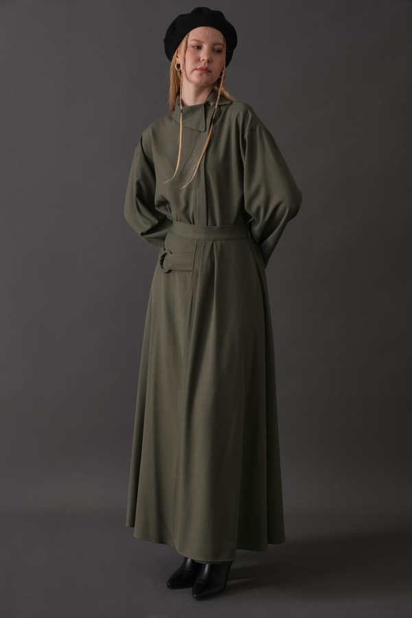 Belted Skirt with Buckle Detail Khaki - 4