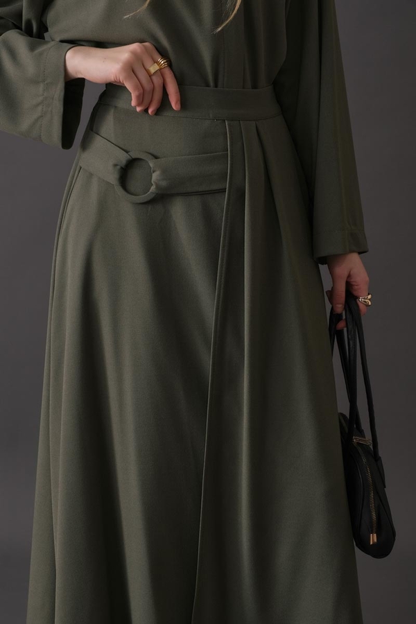 Belted Skirt with Buckle Detail Khaki - 5