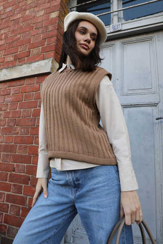 Bisiklet Detaylı Örgü Yelek Taba - 4