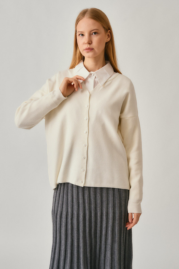 Bisiklet Yaka Premium Triko Hırka Ekru - 3