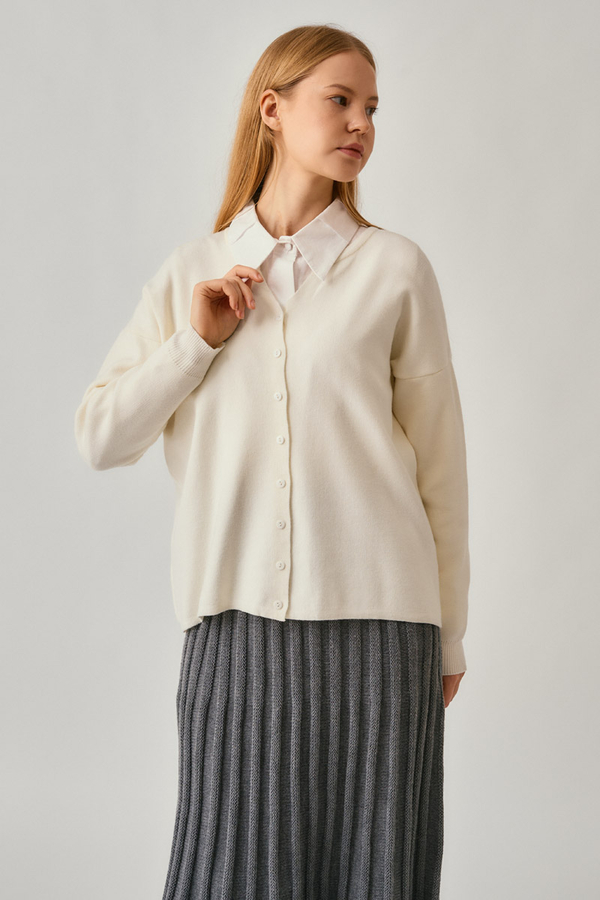 Bisiklet Yaka Premium Triko Hırka Ekru - 8