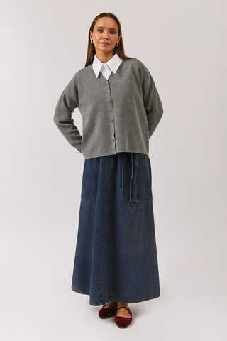 Bisiklet Yaka Premium Triko Hırka Gri - 5