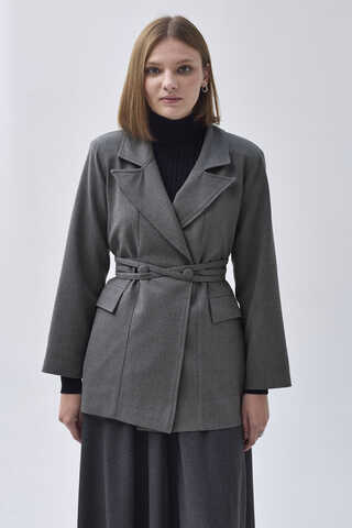 Biye Bağlamalı Blazer Ceket Gri - 1