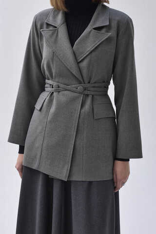Biye Bağlamalı Blazer Ceket Gri - 6
