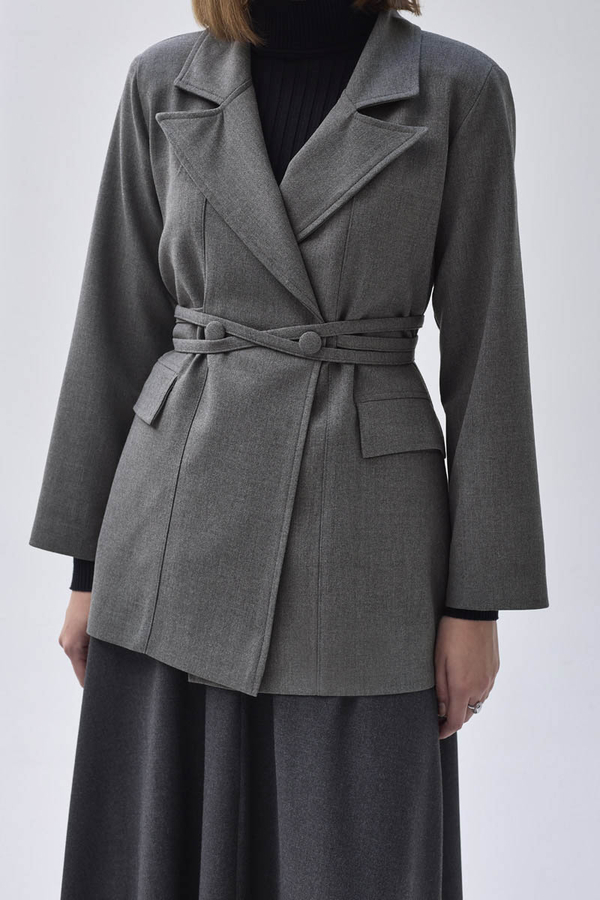 Biye Bağlamalı Blazer Ceket Gri - 6