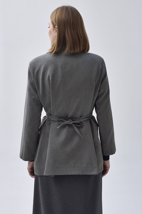 Biye Bağlamalı Blazer Ceket Gri - 10