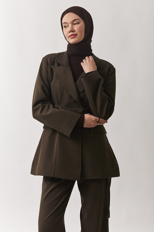 Biye Bağlamalı Blazer Ceket Kahverengi - 11