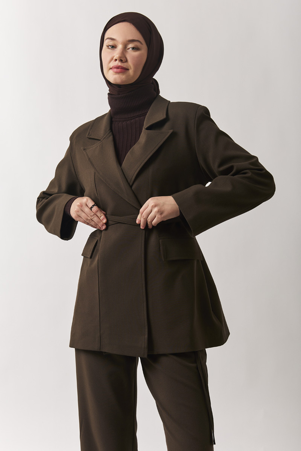 Biye Bağlamalı Blazer Ceket Kahverengi - 6