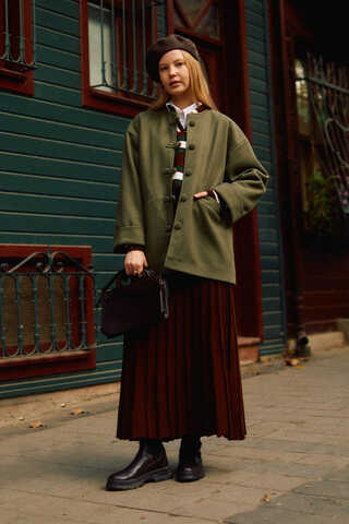 Biye Button Wool Coat Khaki - 4