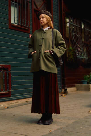 Biye Button Wool Coat Khaki - 5