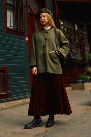 Biye Button Wool Coat Khaki - 7