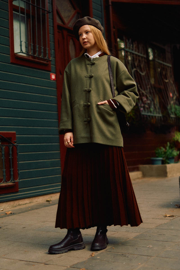 Biye Button Wool Coat Khaki - 7