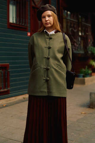 Biye Button Wool Coat Khaki - 10