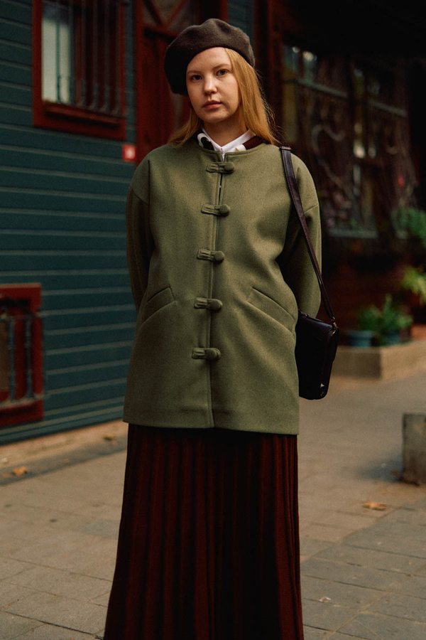 Biye Button Wool Coat Khaki - 10