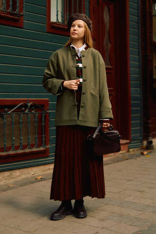 Biye Button Wool Coat Khaki - 1