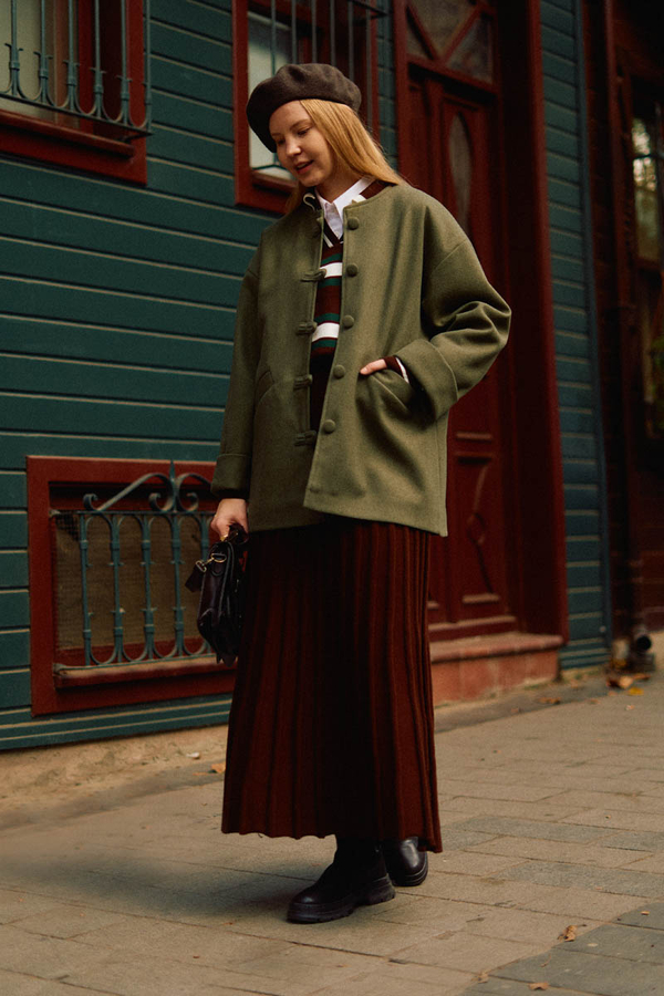 Biye Button Wool Coat Khaki - 3