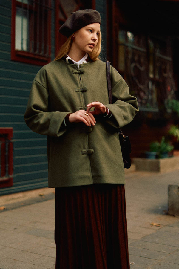 Biye Button Wool Coat Khaki - 8