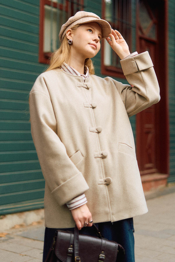 Biye Button Wool Coat Stone - 2