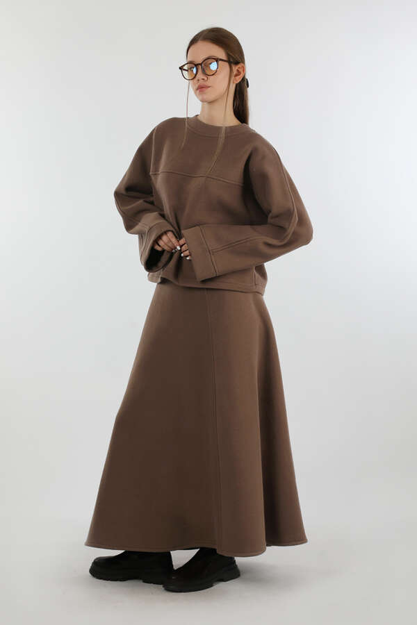Biye Detaylı Etek Takım Kahverengi - 1