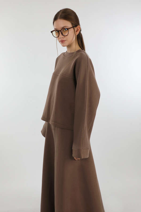 Biye Detaylı Etek Takım Kahverengi - 2