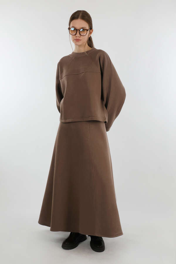 Biye Detaylı Etek Takım Kahverengi - 5