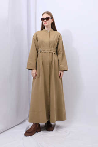 Biye Detaylı Kemerli Elbise Camel - 13