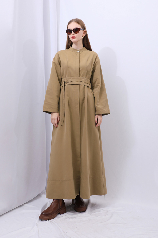 Biye Detaylı Kemerli Elbise Camel - 13