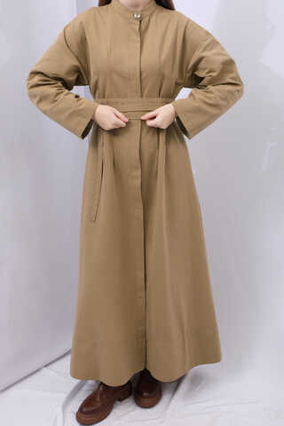 Biye Detaylı Kemerli Elbise Camel - 14