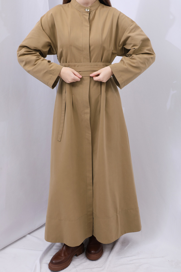 Biye Detaylı Kemerli Elbise Camel - 14