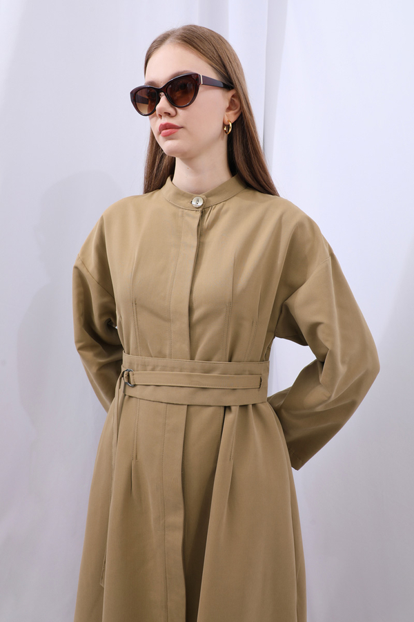 Biye Detaylı Kemerli Elbise Camel - 15