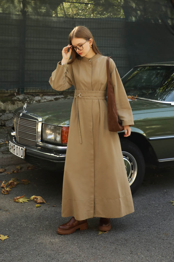 Biye Detaylı Kemerli Elbise Camel - 2
