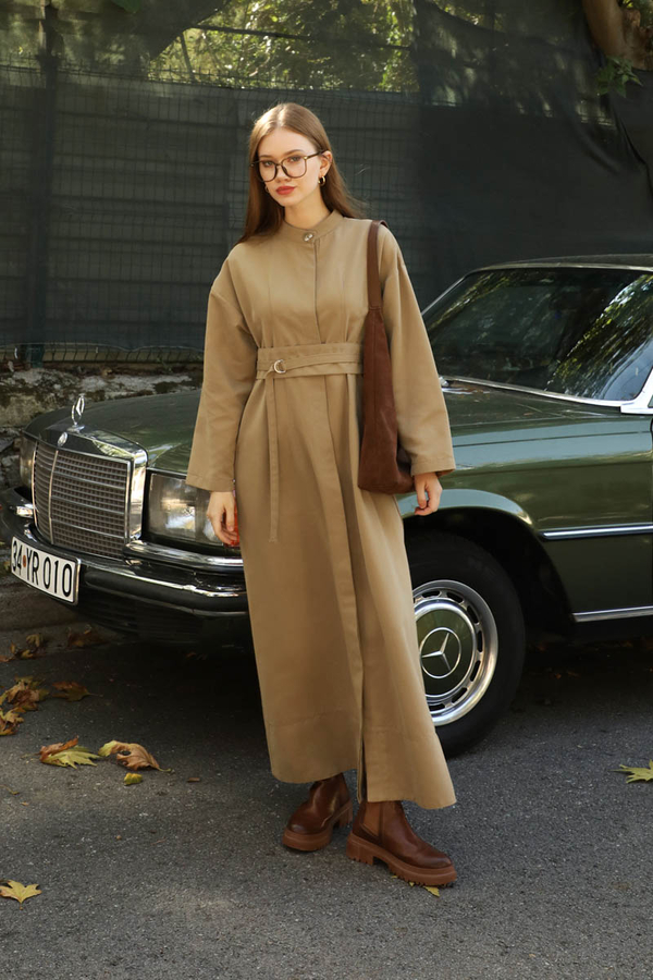 Biye Detaylı Kemerli Elbise Camel - 6