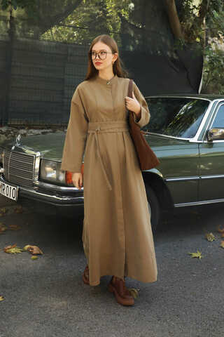 Biye Detaylı Kemerli Elbise Camel - 7