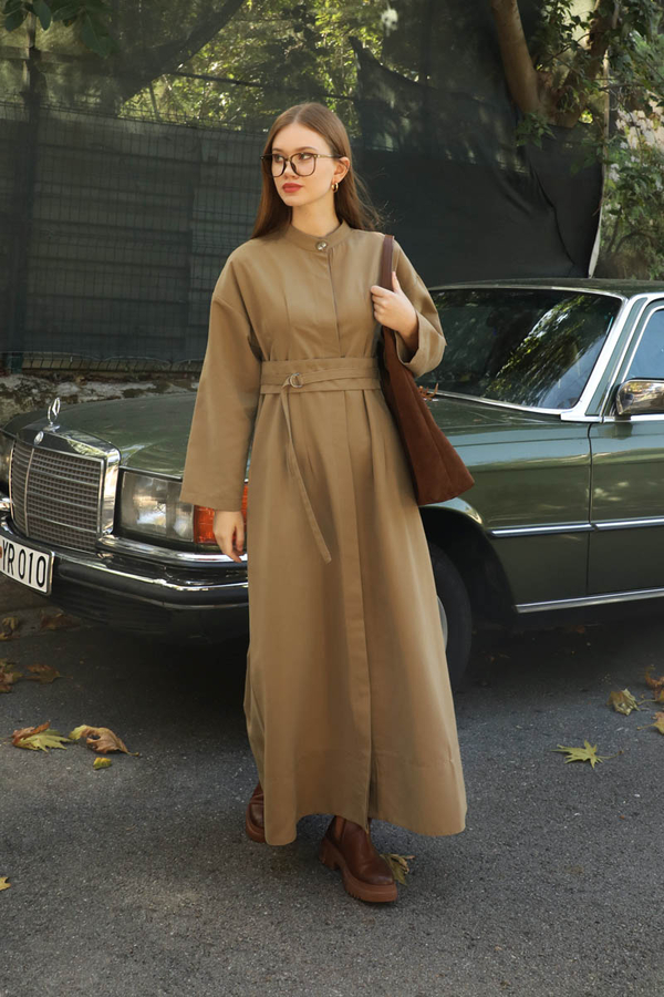 Biye Detaylı Kemerli Elbise Camel - 7