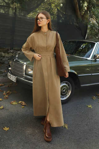 Biye Detaylı Kemerli Elbise Camel - 3