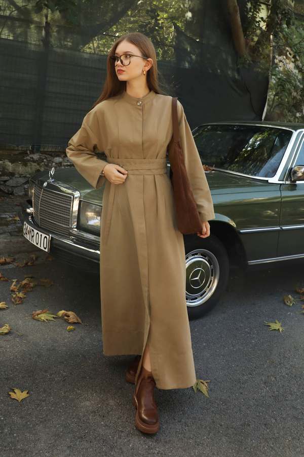 Biye Detaylı Kemerli Elbise Camel - 3