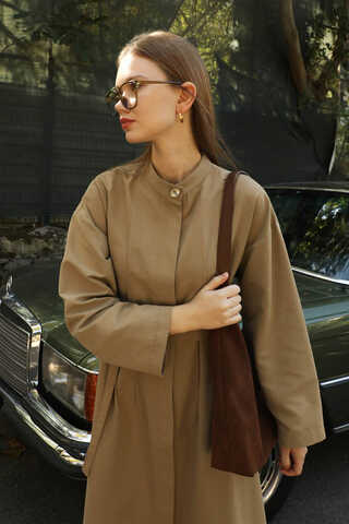 Biye Detaylı Kemerli Elbise Camel - 8