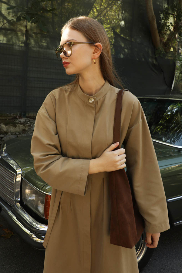 Biye Detaylı Kemerli Elbise Camel - 8