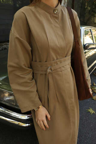 Biye Detaylı Kemerli Elbise Camel - 4