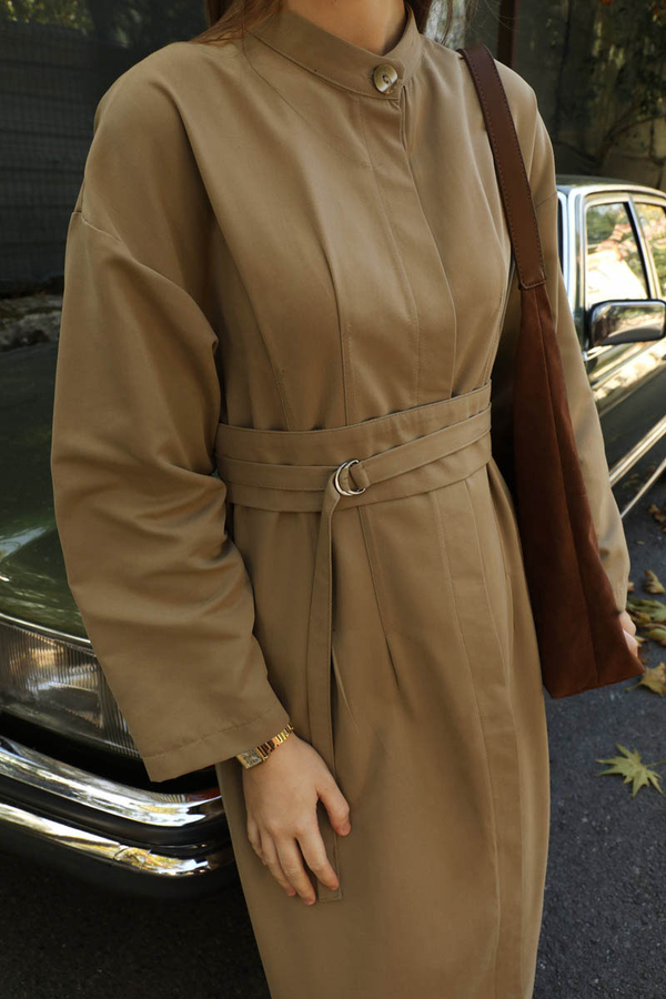 Biye Detaylı Kemerli Elbise Camel - 4