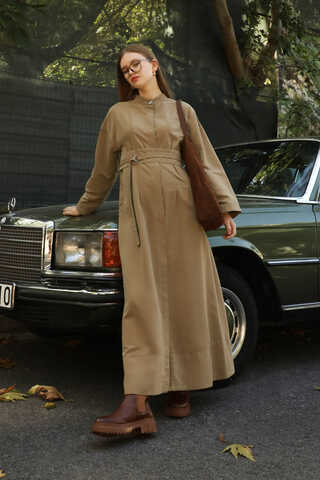 Biye Detaylı Kemerli Elbise Camel - 5