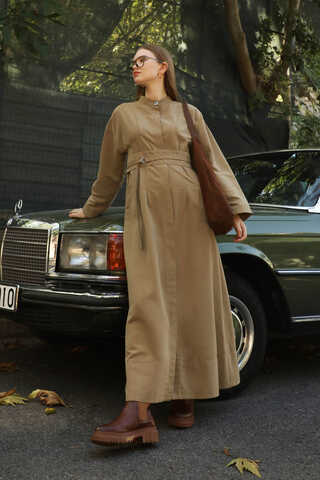 Biye Detaylı Kemerli Elbise Camel - 9