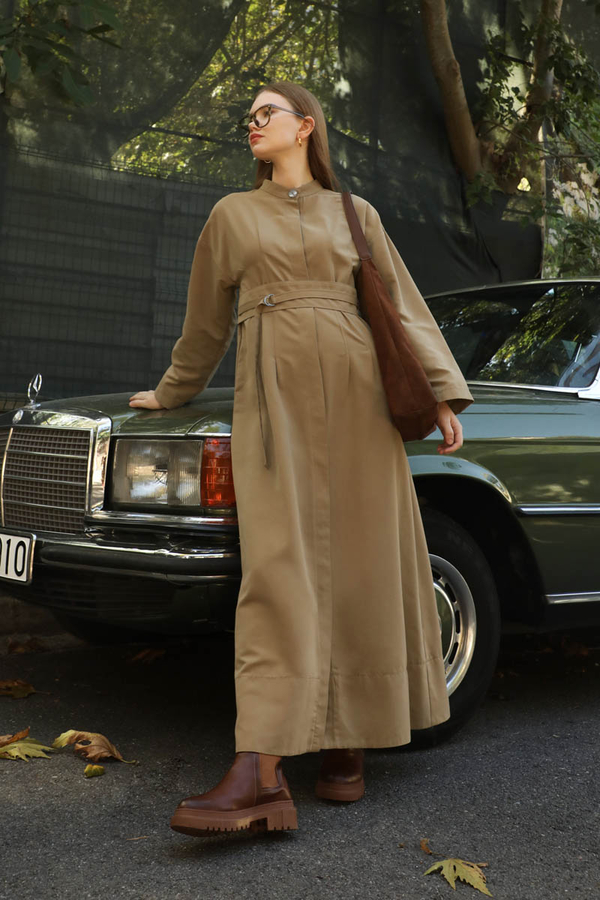 Biye Detaylı Kemerli Elbise Camel - 9